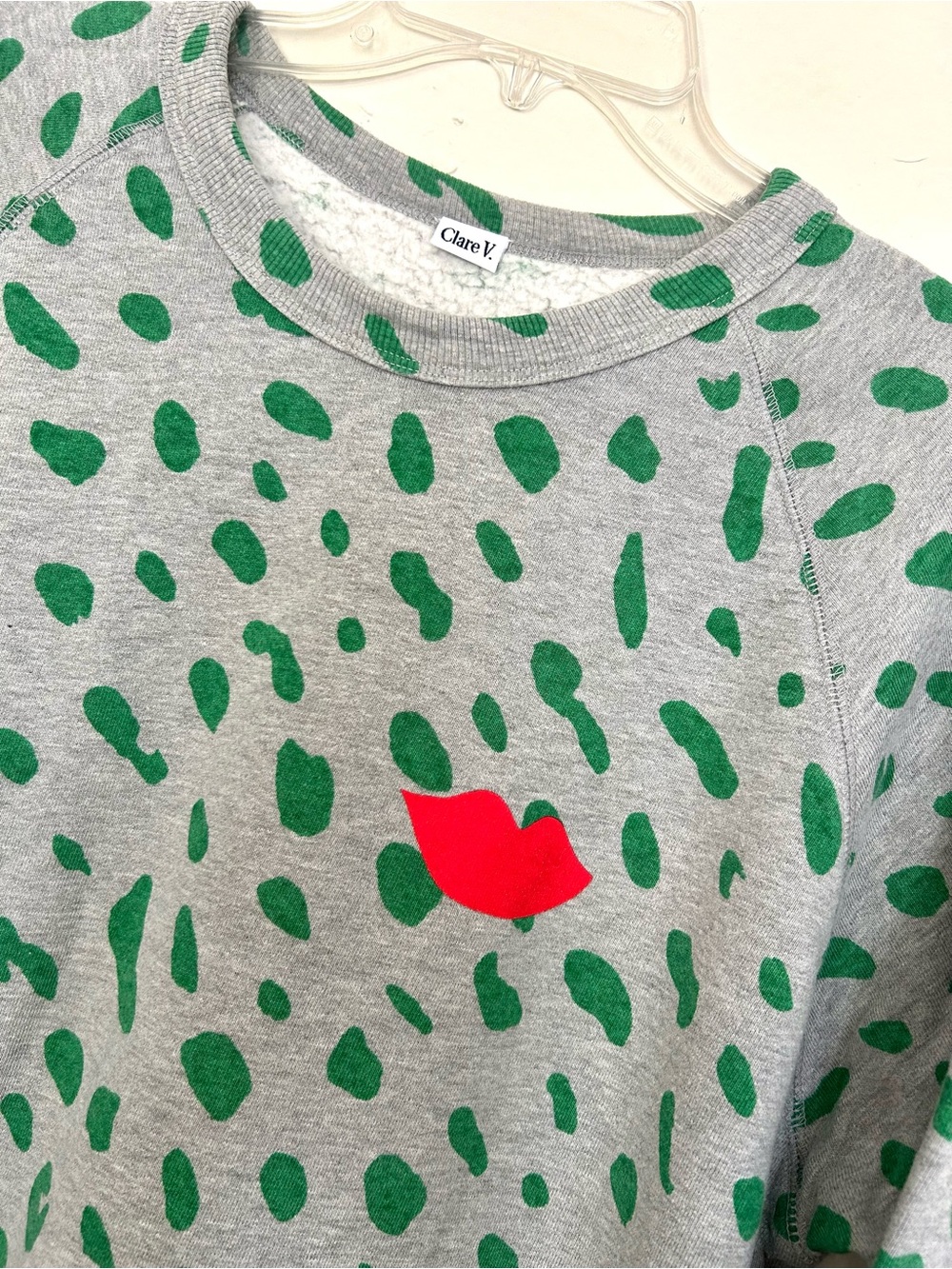 CLARE V.  Gray Sweatshirt with Green Leopard Spots and Red Lip Motif - Picture 3 of 7